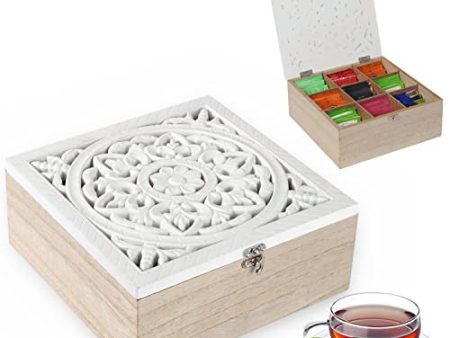 Jujoybd Caja de té de madera, estilo vintage, organizador de bolsas de té, 9 compartimentos, caja de madera con diseño de flores Reacondicionado Sale